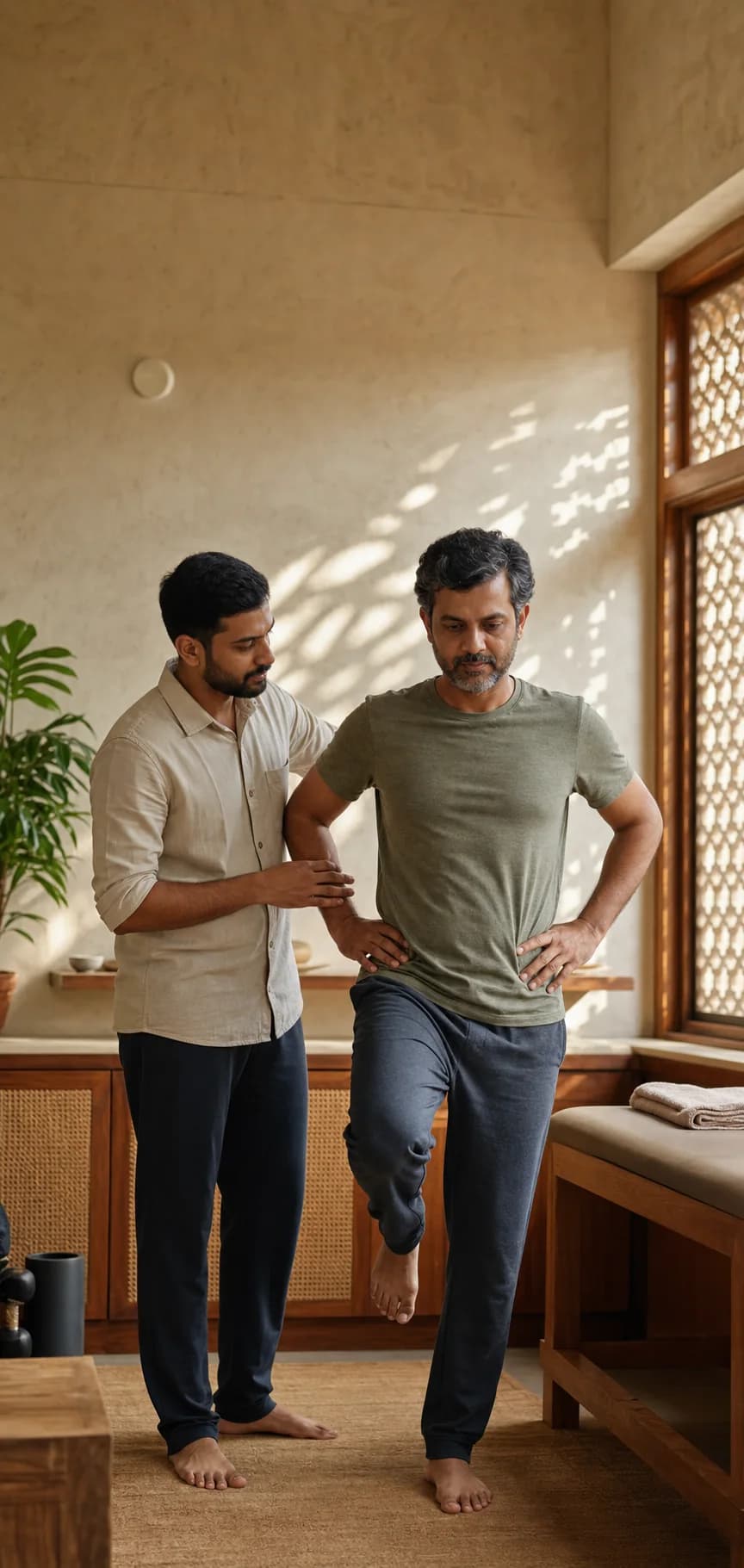 A physiotherapist guiding a patient through a balance exercise
